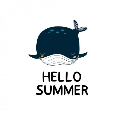 Vektör metin Hello.İskandinav tarzı, vektör illüstrasyon ile el çizilmiş balina ile baskı