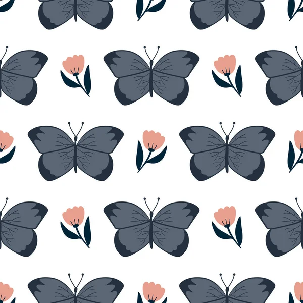 Seamless Pattern Hand Drawn Butterflies Flowers White Background Vector Design — Stock Vector