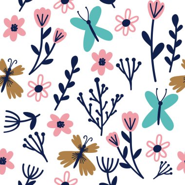 Soyut el çizilmiş çiçekler ve beyaz bir arka plan üzerinde yaprakları ile Dikişsiz desen. Ambalaj kağıdı, tekstil için vektör tasarımı. 