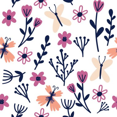 Soyut el çizilmiş çiçekler ve beyaz bir arka plan üzerinde yaprakları ile Dikişsiz desen. Ambalaj kağıdı, tekstil için vektör tasarımı. 