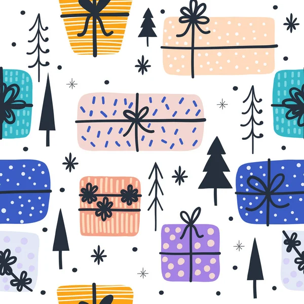 无缝图案与白色背景上的圣诞礼物 包装纸 纺织品的矢量设计 — 图库矢量图片