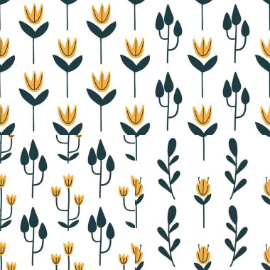 Soyut el çizilmiş çiçekler ve beyaz bir arka plan üzerinde yaprakları ile sorunsuz desenler ayarlayın. Ambalaj kağıdı, tekstil için vektör tasarımı. 