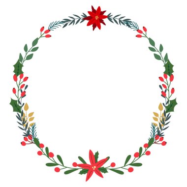 Poinsettia, çam kozalağı, ökseotu ve yaprakları ile Vektör Noel çelenk