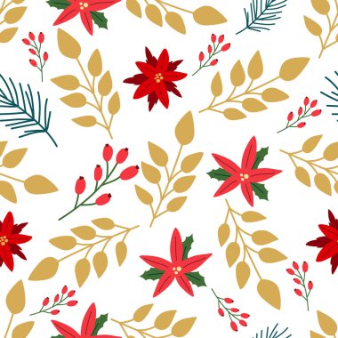 Poinsettia, çilek ve beyaz bir arka plan üzerinde yaprakları ile Dikişsiz desen. Ambalaj kağıdı, tekstil için vektör tasarımı. 