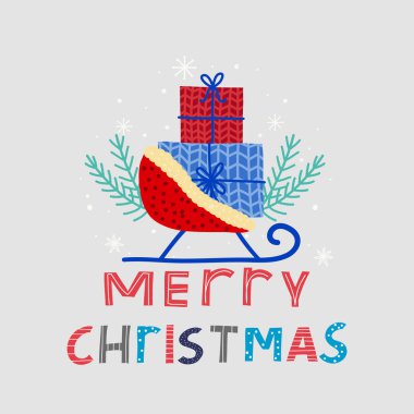 Mutlu Noeller tebrik kartı. El kızak ve hediyeler çizilmiş . Elle çizilmiş vektör illüstrasyonu.