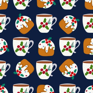 Noel pudingi ve sıcak çikolata dikişsiz desen fincan. Ambalaj kağıdı, tekstil için vektör tasarımı.