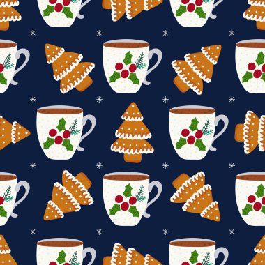 Noel zencefil çerezleri ve sıcak çikolata dikişsiz desen fincan. Ambalaj kağıdı, tekstil için vektör tasarımı.