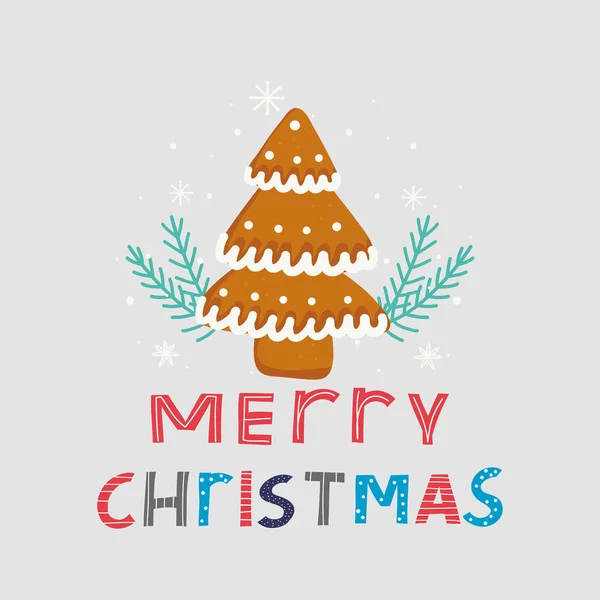 Joyeux voeux de Noël. Arbre de Noël en pain d'épice dessiné à la main sur fond gris. Illustration vectorielle dessinée main . — Image vectorielle