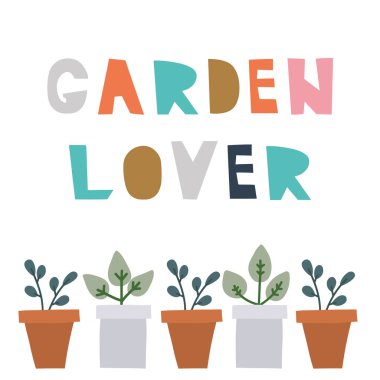 Metin Garden Lover ile vektör baskı. Elle çizilmiş orijinal yazı. Poster, T-shirt, afiş, arka plan için trendy tarzı düz tasarım.