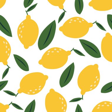 Yapraklı desen limonlar. Ambalaj kağıdı, tekstil, vektör arka plan dolgusu için tasarım.