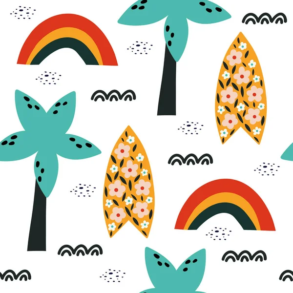 Padrão tropical com prancha de surf, palmeiras e arco-íris.. Design para papel de embrulho, têxtil, preenchimento de fundo vetorial . —  Vetores de Stock