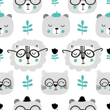 Aslan, kedi ve ayı ile kreş sorunsuz desen. İskandinav tarzı. Ambalaj kağıdı, tekstil için vektör tasarımı. 