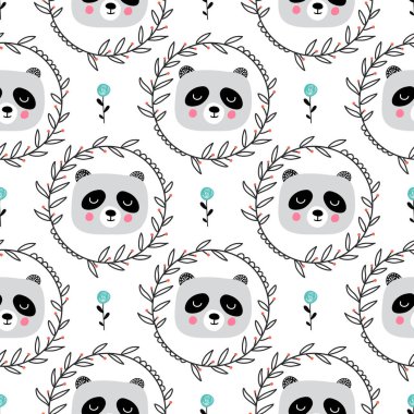 Panda, İskandinav tarzı ile Kreş dikişsiz desen. Ambalaj kağıdı, tekstil için vektör tasarımı. 