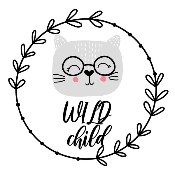 Kwekerij vectorafdrukken met kat met tekst wilde kind. Hand getekende afbeelding voor kaart, banner, baby Wear, kwekerij. Scandinavische stijl, vector illustratie. — Stockvector