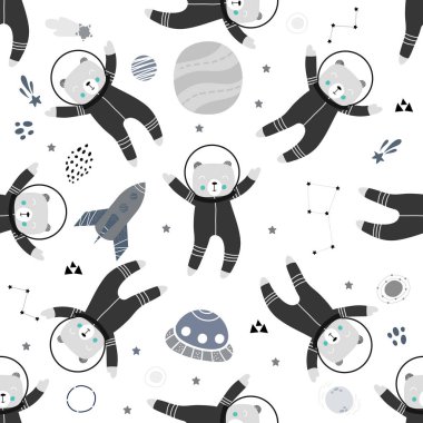 Uzayda ayı ile kesintisiz çocuksu desen, uzay gemileri, gezegenler ve kuyruklu yıldız. Kumaş, sarma, tekstil, duvar kağıdı, giyim için tasarım. Vektör çizimi.