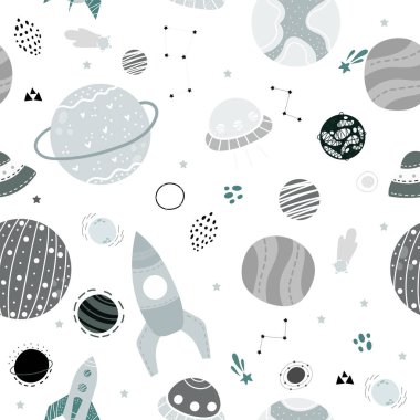Uzay nesneleri, uzay gemileri, gezegenler ve kuyruklu yıldızile kesintisiz çocuksu desen. Kumaş, sarma, tekstil, duvar kağıdı, giyim için tasarım. Vektör çizimi.