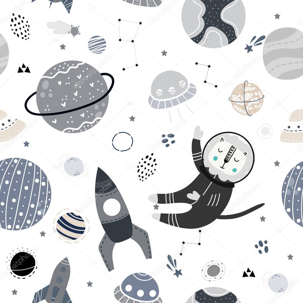 Seamless childish pattern with animal in the space, planets and comets. Design for fabric, wrapping, textile, wallpaper, apparel. Vector illustration.