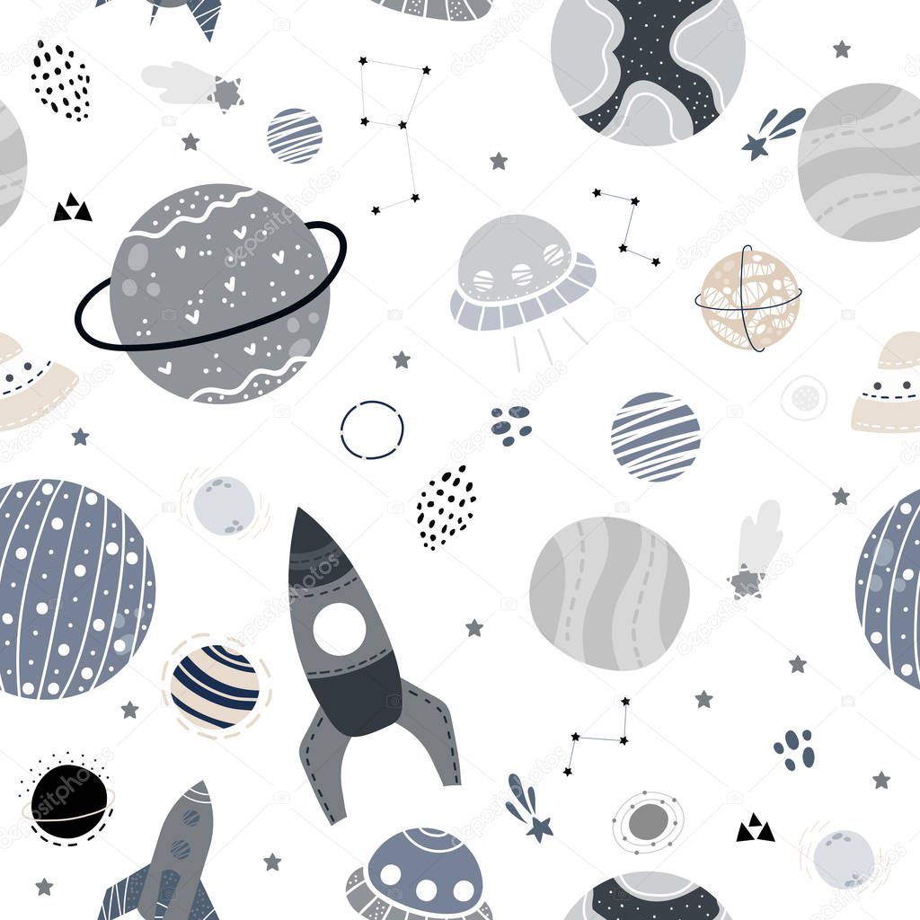 Seamless childish pattern with space objects, space ships, planets and comets. Design for fabric, wrapping, textile, wallpaper, apparel. Vector illustration.