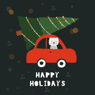 Mutlu tatiller tebrik kartı. Sevimli ayı Noel ağacı ile bir araba sürücüler.