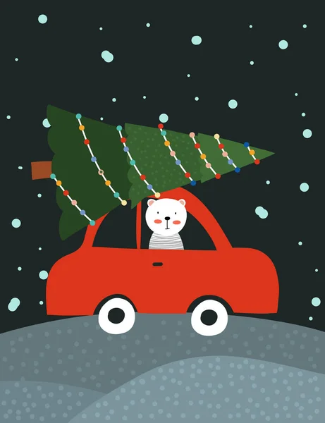 Entra no carro com uma árvore de Natal. Tempo de Natal. Ilustração do vetor, cartão de saudação de Natal . — Vetor de Stock