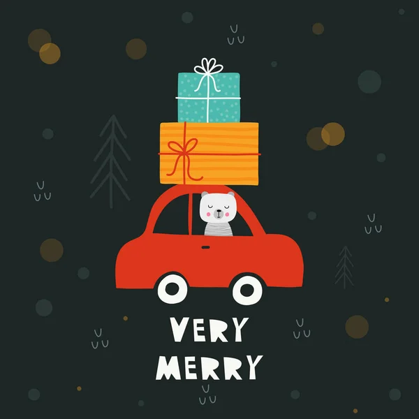 Mignon ours conduit une voiture avec des cadeaux. Illustration vectorielle, carte de vœux de Noël — Image vectorielle