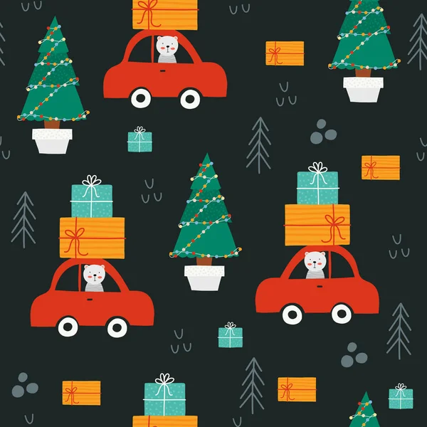 Modello carino orso guida auto con regali, albero di Natale con ghirlande. Design per tessuto, avvolgimento, tessile, carta da parati, abbigliamento. Illustrazione vettoriale . — Vettoriale Stock
