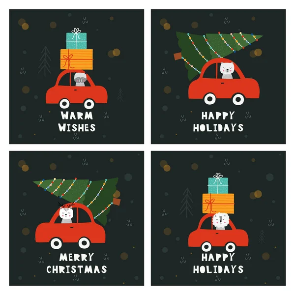 Weihnachtsgrußkarten Set vorhanden. niedliche Tiere Auto fahren, Winterzeit. Weihnachtsbaum und Geschenke — Stockvektor