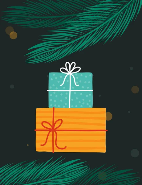 Julklappar och gåvor, helgdagar. Vektor illustration, julhälsning kort — Stock vektor