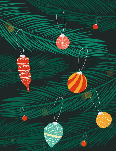 Merry Christmas wenskaart. Ornamenten opknoping op de boom met slingers. — Stockvector