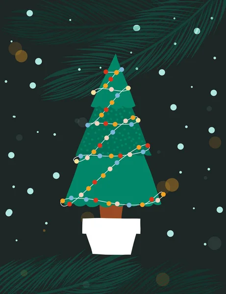 Kerstboom in de pot met slingers. Nieuwe jaar tijd. Vector illustratie, kerstwens kaart — Stockvector