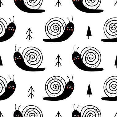 Salyangozlar ile dikişsiz çocuksu desen. Kumaş, sarma, tekstil, duvar kağıdı, giyim için Çocuk tasarımı. Vektör çizimi