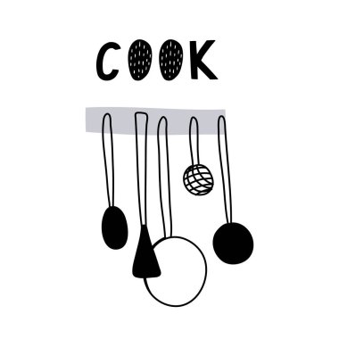 Mutfak elemanları ve yemek pişirme ile bebek baskı. Poster, kart, etiket, afiş, el ilanı, bebek giyim, çocuk odası dekorasyonu için el çizilmiş vektör illüstrasyon. İskandinav tarzı.