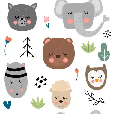 Sevimli hayvan sorunsuz desen yüzleri. İskandinav stili, vektör illüstrasyonu. Kumaş, sarma, tekstil, duvar kağıdı, konfeksiyon için tasarım