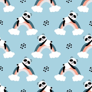 Cute panda on the rainbow  seamless pattern background. Design for fabric, wrapping, textile, wallpaper, apparel. clipart