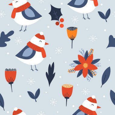 Kış kuş, kar taneleri ve Noel çiçek sorunsuz desen arka plan. Kumaş, sarma, tekstil, duvar kağıdı, konfeksiyon için tasarım