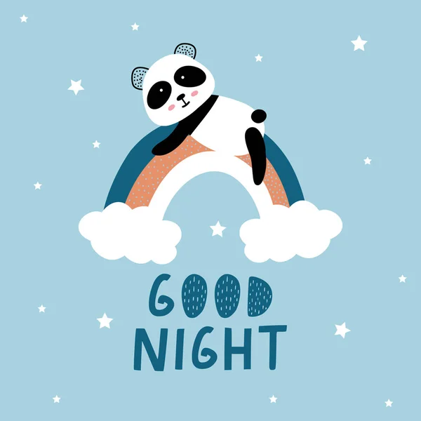 Gökkuşağı üzerinde panda ile iyi geceler vektör baskı. Vektör İllüstrasyonu. — Stok Vektör