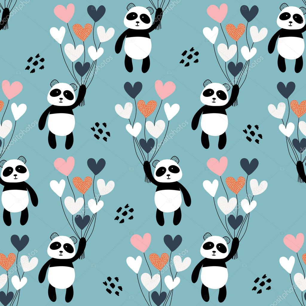 Cute panda with balloons  seamless pattern background. Design for fabric, wrapping, textile, wallpaper, apparel.