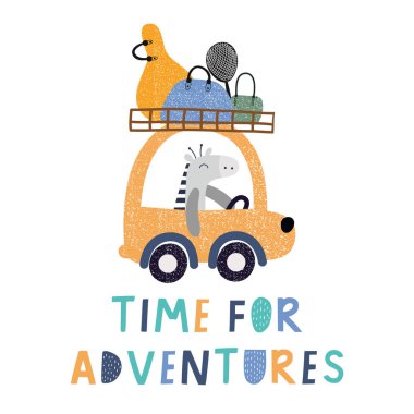 Maceralar için zaman yazı, zebra çanta ile bir araba sürüş. Seyahat kavramı. Vektör baskıları. Poster, kart, etiket, afiş, el ilanı, bebek giyim, çocuk odası dekorasyonu için İllüstrasyon. 