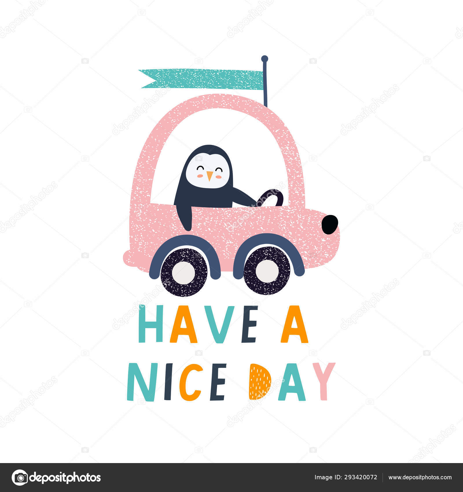 Tenha um bom dia de letras, pinguim dirigindo um carro. Conceito de  viagens. Ilustração para cartaz, cartão, etiqueta, banner, folheto,  desgaste do bebê, decoração do quarto das crianças . Vetor de ©melanierom, image size:1600x1700