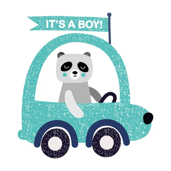 ベビーシャワーベクトルイラスト。それは男の子です。パンダは車を運転する。グリーティング カード. — ストックベクタ