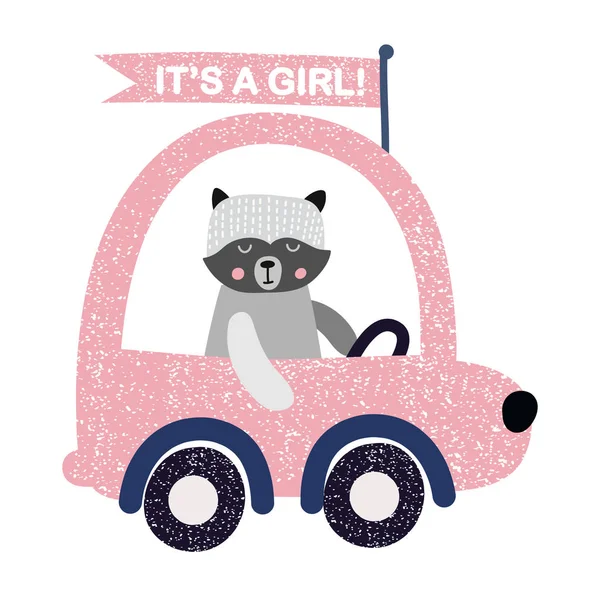 Baby zuhany vektor illusztráció. Ez egy lány. Skunk autót vezet. Üdvözlőlap. — Stock Vector