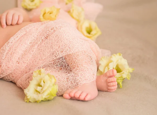 Çiçeklerle Yeni Doğan Çocuğun Yakın Çekim Battaniye Üzerinde Sevimli Bebek — Stok fotoğraf