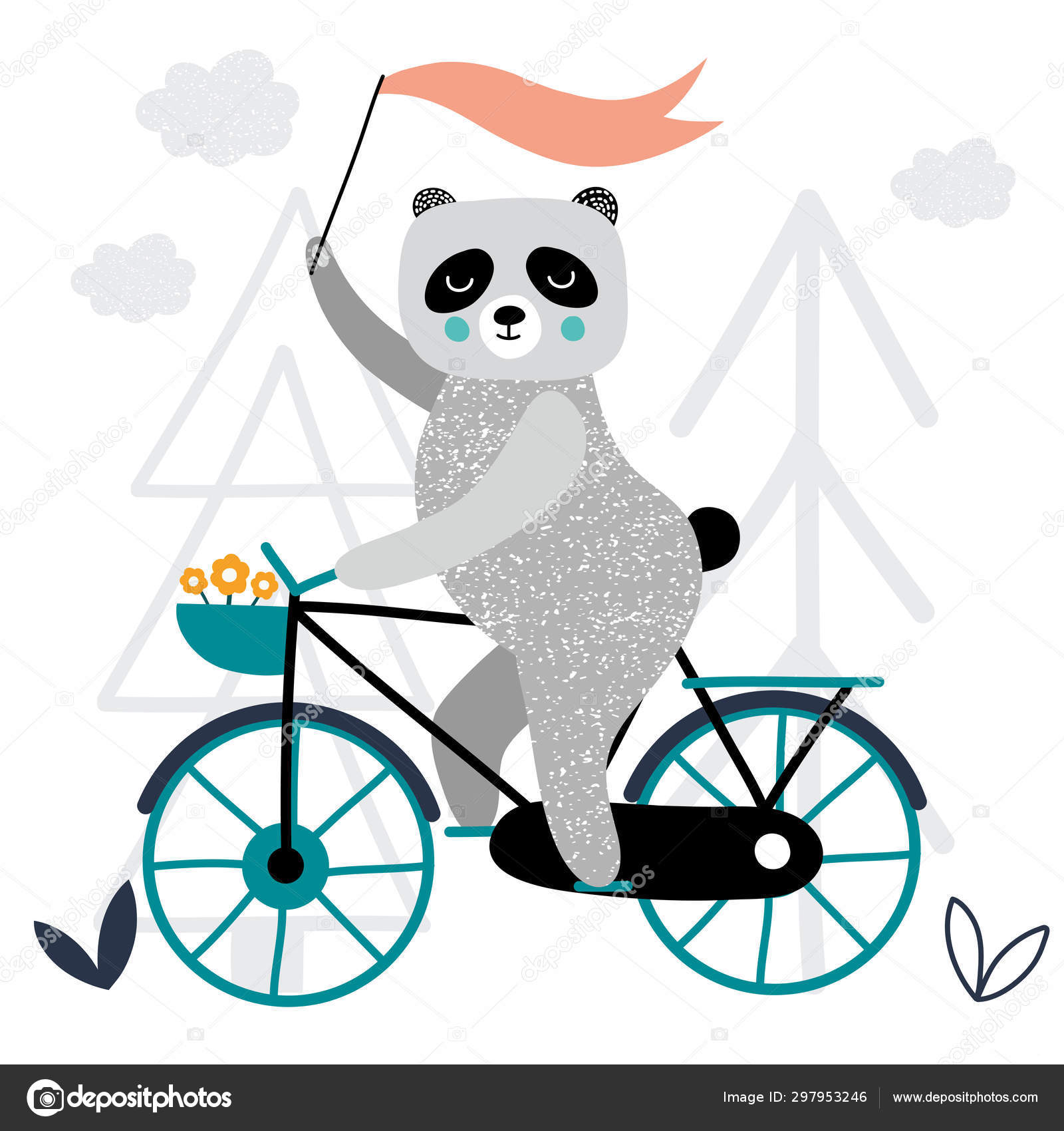 Panda vector hand drawn illustration. Animal rides a bike, drawing in  Scandinavian style. Cute cartoon panda character poster. Stock Vector Image  by ©melanierom #297953246