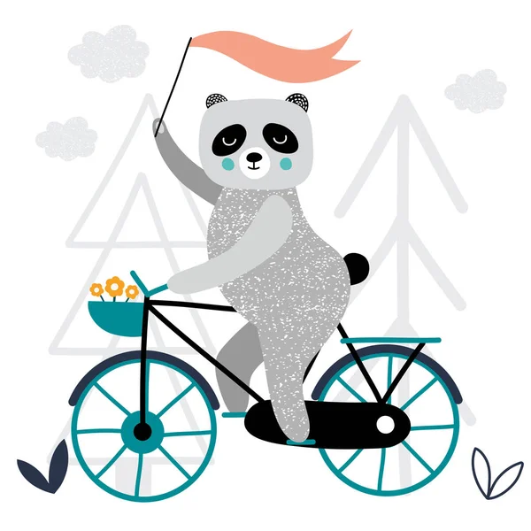 Panda vetor desenhado à mão ilustração. Animal anda de bicicleta, desenhando em estilo escandinavo. Cartaz bonito personagem panda desenhos animados . — Vetor de Stock