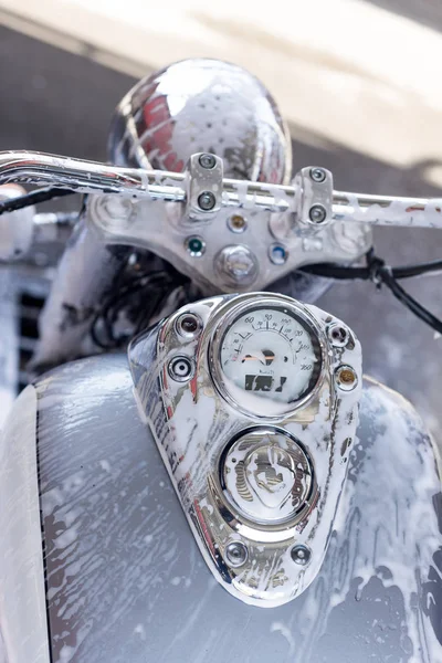 Close Motorcycle Car Wash Foam — Stock Photo, Image