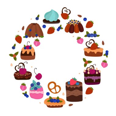 Hamur işleri, pastane, kurabiye ve tatlı çizgi film tarzında daire şeklinde düzenlenmiştir. Tatlı konsepti. Elle çizilmiş vektör illüstrasyonu. 