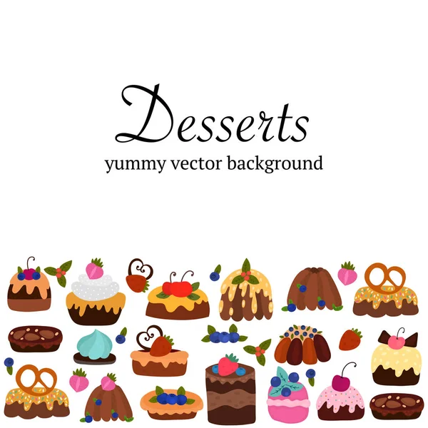 Péksütemények, pékségek, kekszek és desszertek kézzel rajzolt vektoros illusztráció. Cartoon kávézó menü, banner, szakácskönyv oldal egy példányát hely — Stock Vector