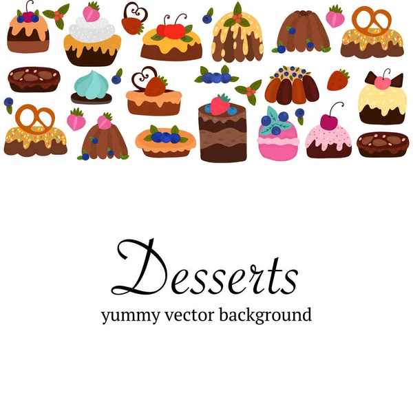 Péksütemények, pékségek, kekszek és desszertek kézzel rajzolt vektoros illusztráció. Cartoon kávézó menü, banner, szakácskönyv oldal egy példányát hely — Stock Vector