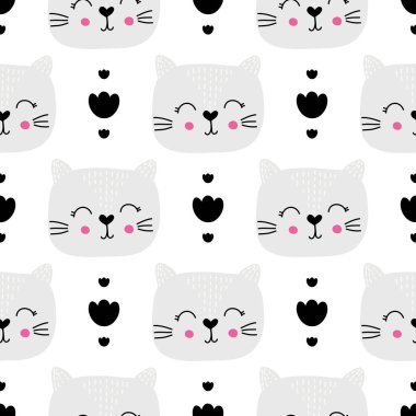 Kedi ile dikişsiz çocukça desen. Kumaş, sarma, tekstil, duvar kağıdı, giyim için tasarım. Vektör çizimi.