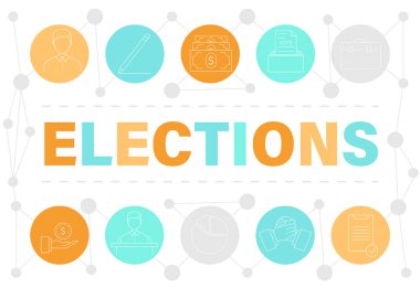 Seçim ve oy simgeleri ve sembolleri ile Banner şablonu. Çizgi stili illüstrasyon. Oylama, uygulamalar ve web için bir seçim simgeleri yapma.